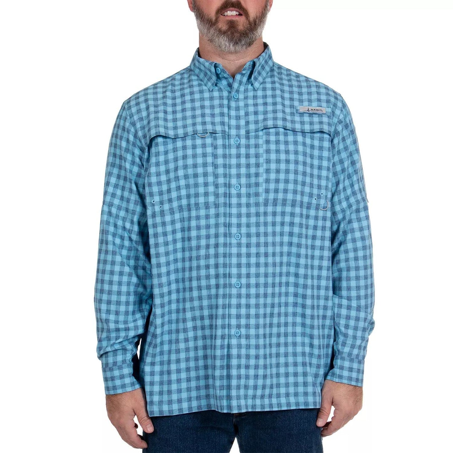 HABIT Men's HB Long Sleeve River Shirt, Cationic Hatch Plaid Alaskan Blue, Large