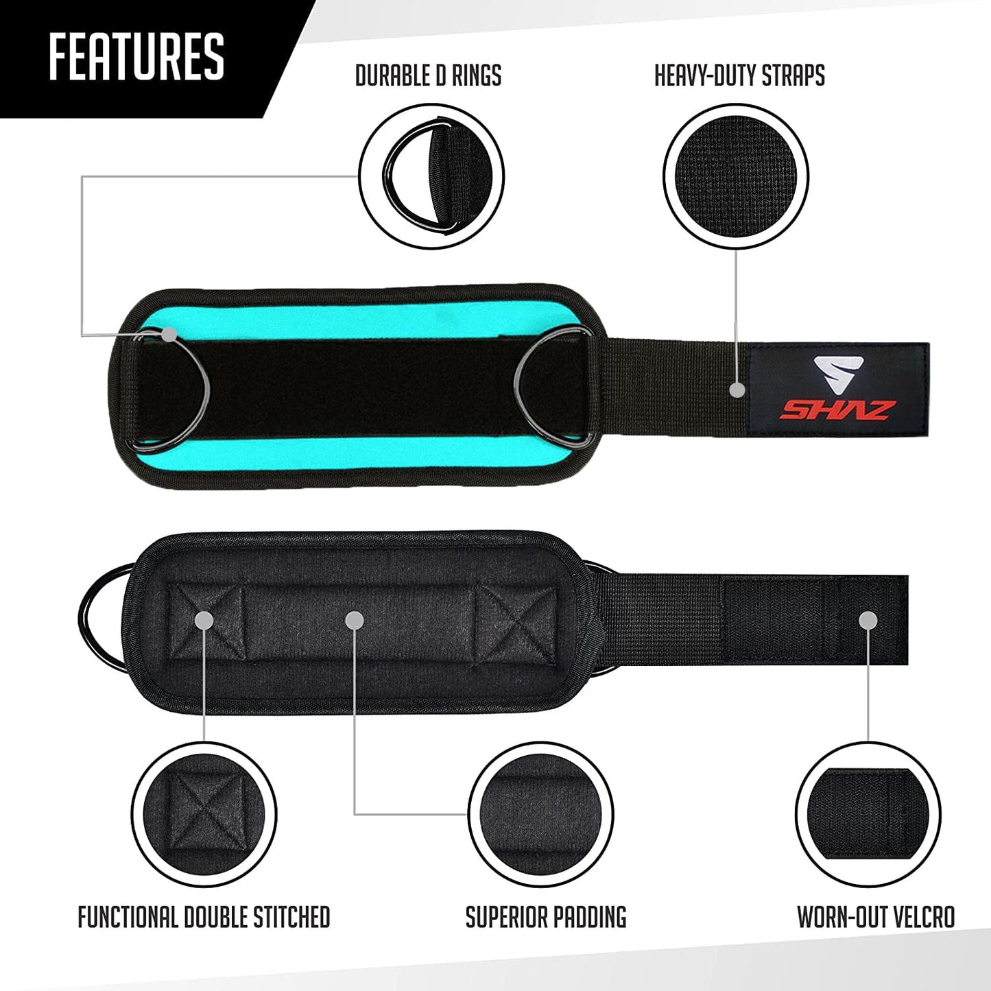 Shaz Ankle Straps for Cable Machines, 7mm-Padded Gym Cable Attachment Ankle Cuff for Glute Workout Cable Kickback Ankle Strap Leg Extension, Hip Abductors & Lower Body Exercises (Cyan, Single)