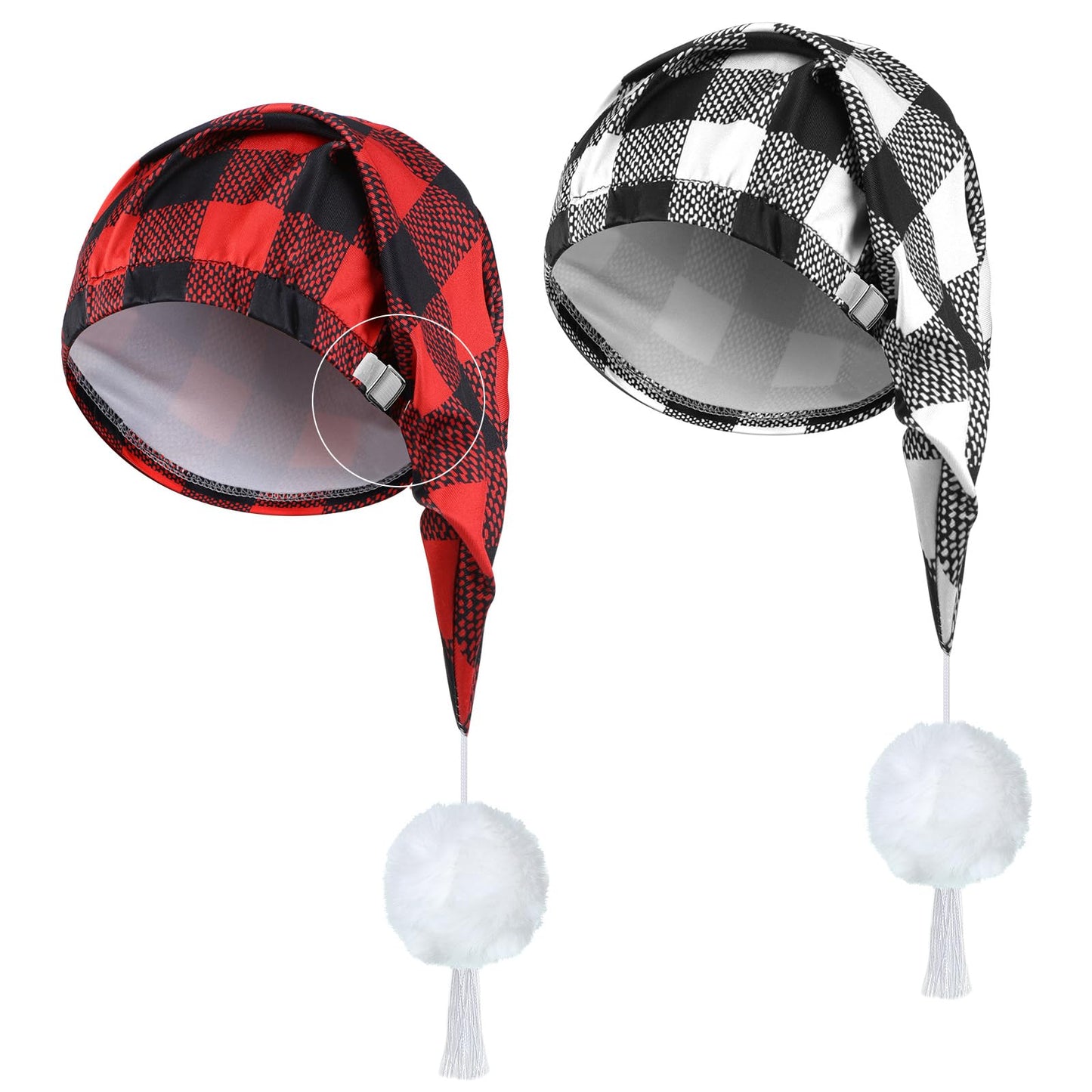Janmercy 2 Pcs Sleeping Cap for Men Adjustable Sleep Cap Men Buffalo Plaid Night Hat with Ball Tassel for Winter Christmas(Black, White, Red)
