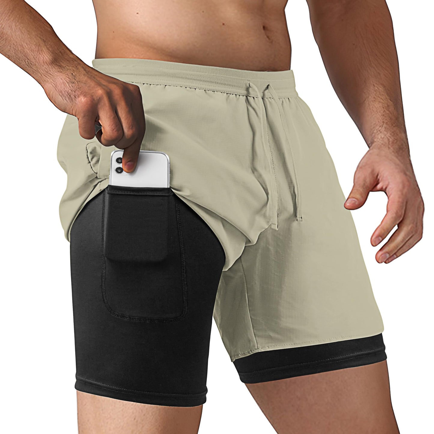 NIMOJIRO Men's 2 in 1 Running Shorts Workout Athletic Shorts Outdoor Sports with Liner Lightweight Training Yoga Gym Shorts with Phone Pockets Khaki M