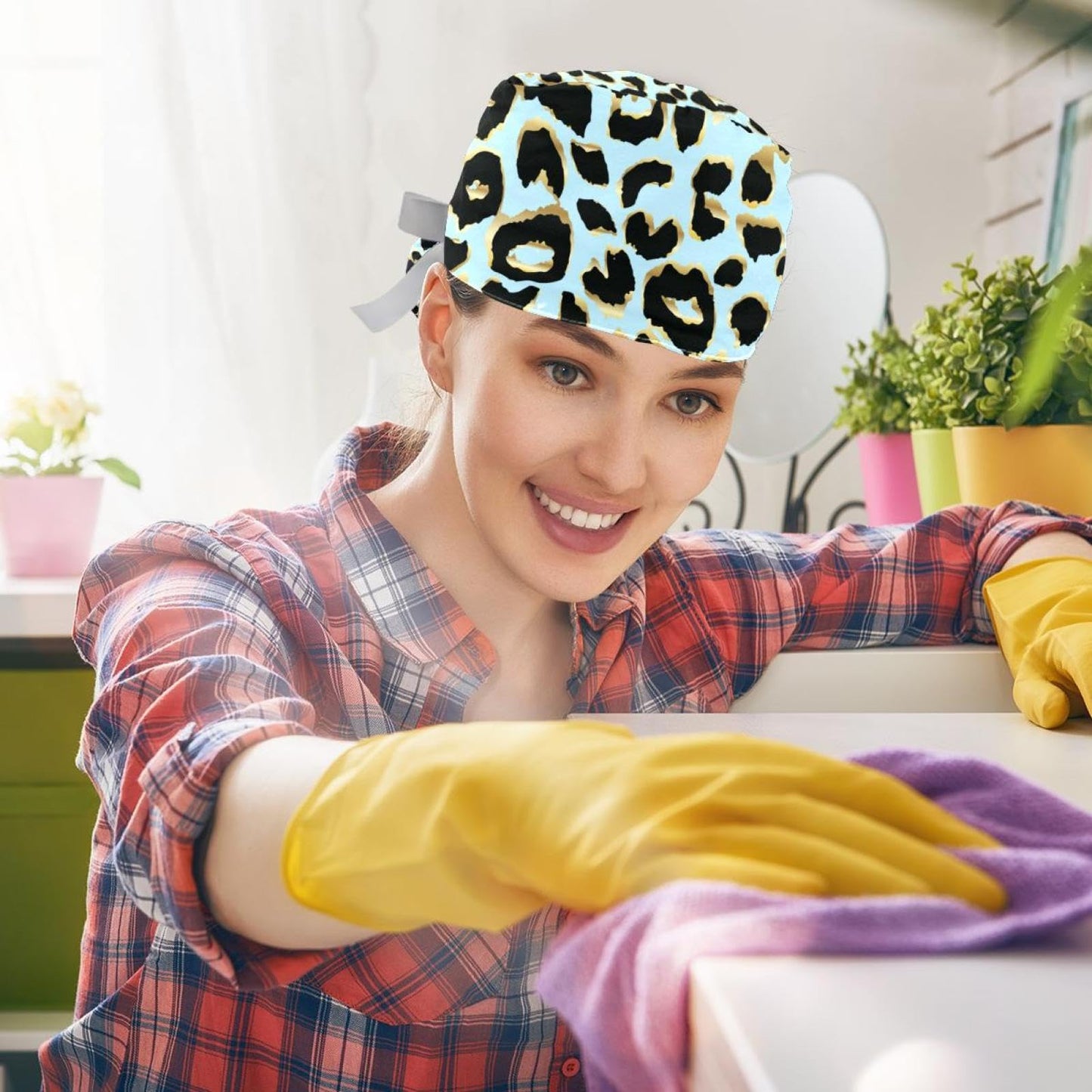 Generic 2 Packs Leopard Unisex Scrub Caps Surgical Women with Button Adjustable Hats Surgical Caps for Women