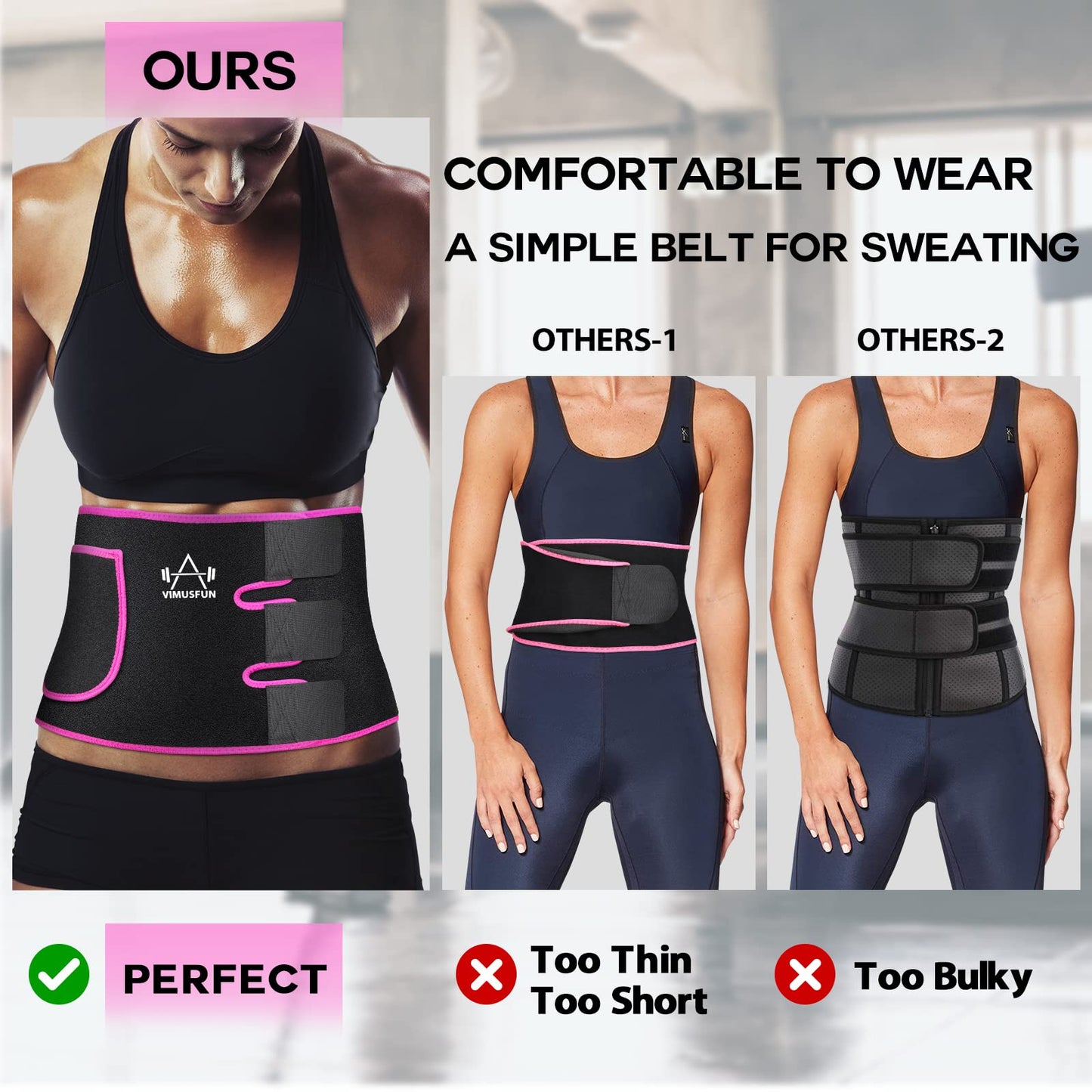 VIMUSFUN Waist Trainer for Woman Lower Belly Fat Men Waist Trimmer Belt Sweat Band Tummy Stomach Wraps Pink Waste Trainers Sauna Suit Back Support Small/Medium/Large/Plus Size