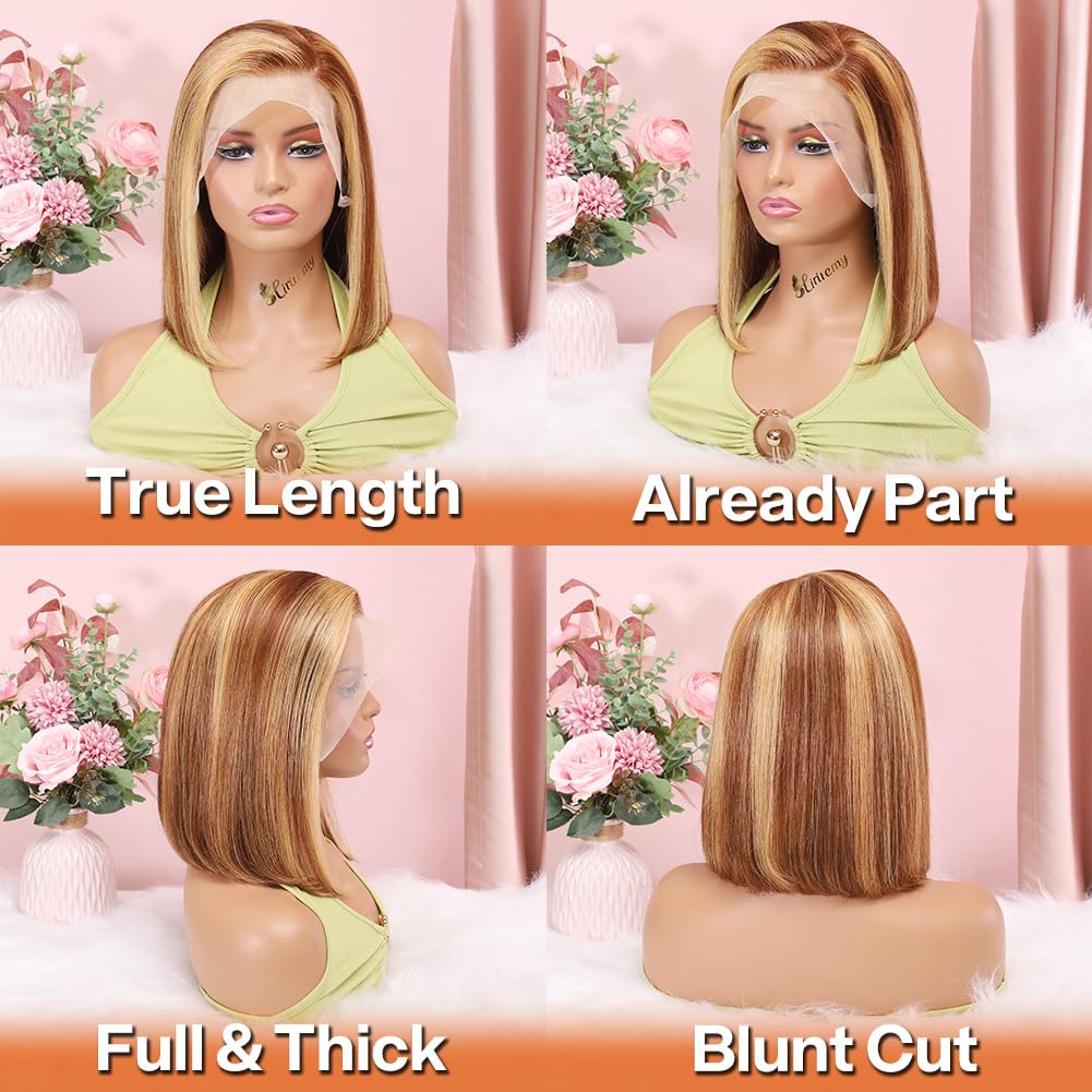 Highlight Bob Wig Human Hair 13x4 HD Lace Front Wigs Human Hair Pre Plucked Hairline Frontal Glueless Short Straight Bob Wigs for Black Women Human Hair Ombre Brown Honey Blonde P4/27 12 Inch