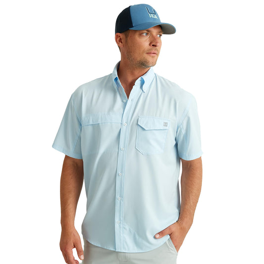 HUK Standard Tide Point Solid Short Sleeve Shirt, Button Down for Men, Ice Water