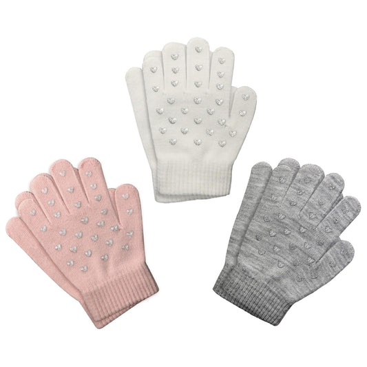 Evridwear Boys Girls Magic Stretch Gripper Gloves 3 Pair Pack Assortment, Kids One Size Winter Warm Gloves Children (6-8Years, 3 Pairs Heart Printing)