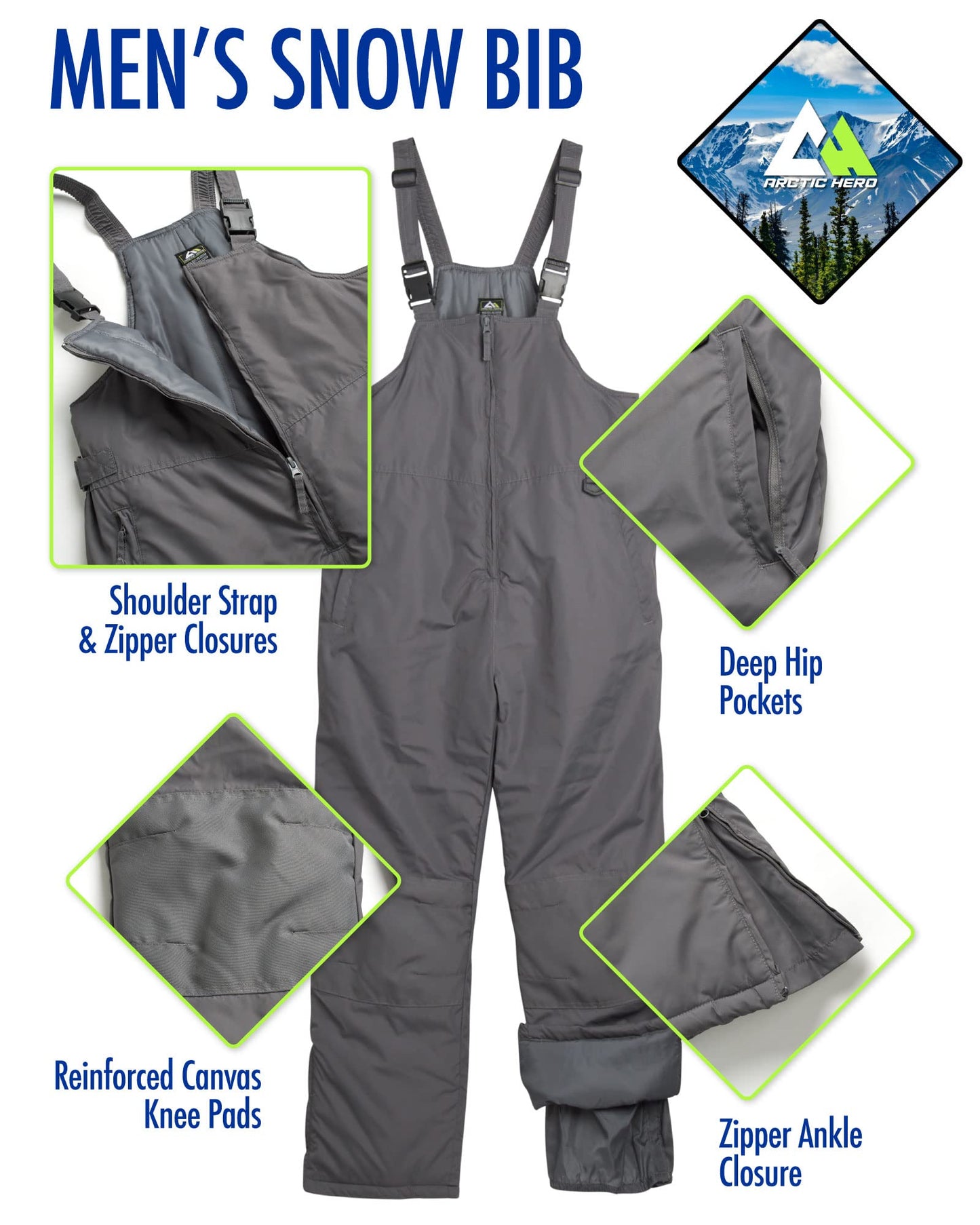 Arctic Hero Men’s Snow Bib – Insulated Waterproof Snow Pants Ski/Snowboard Overalls (S-2XL), Size Large, Grey