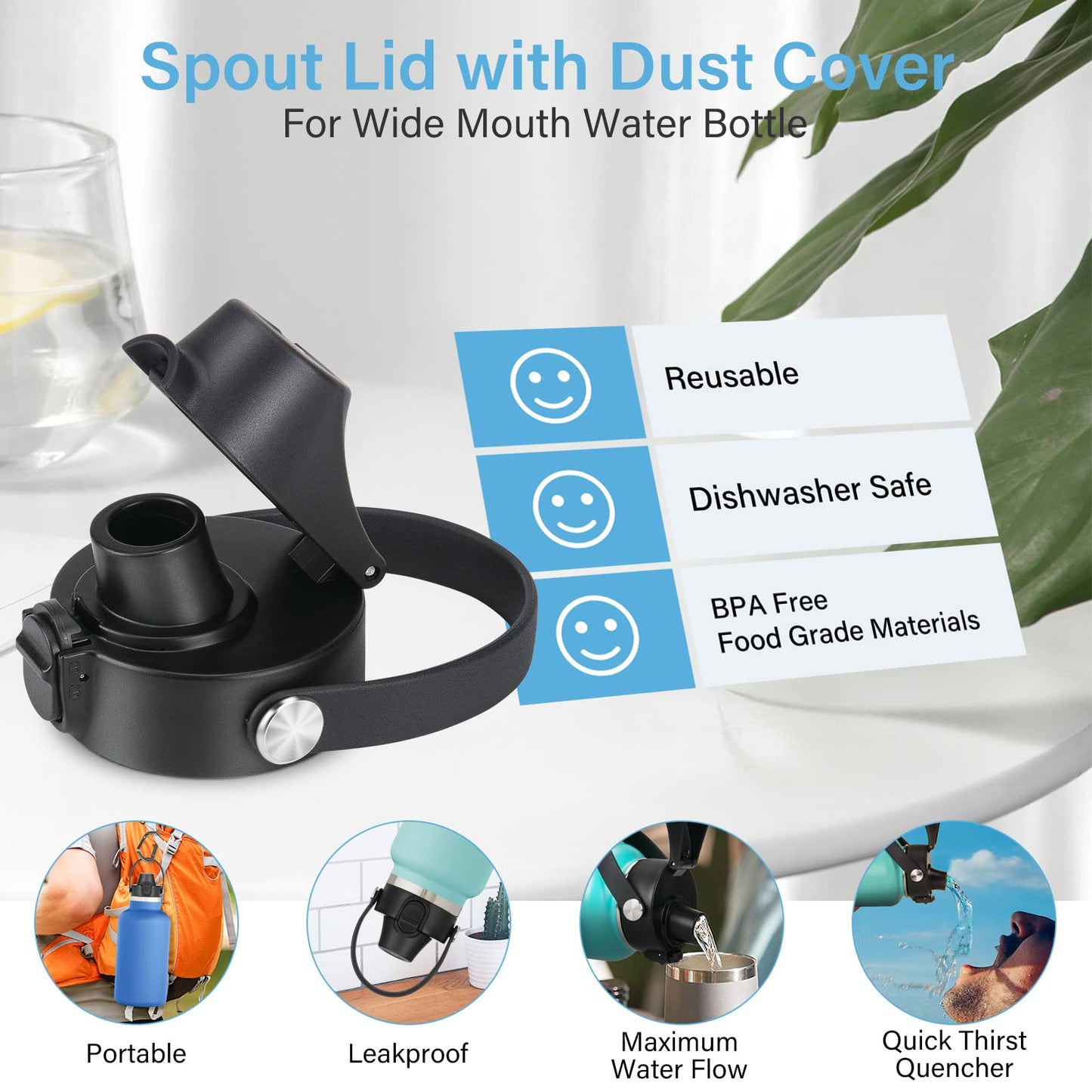 EIPOSAU Auto Flip Lid for Hydro Flask Wide Mouth, Great Spout Lid for Simple Modern, Fits for Iron Flask and Other Brands, Replacement Lid with Button Lock, 2Pack