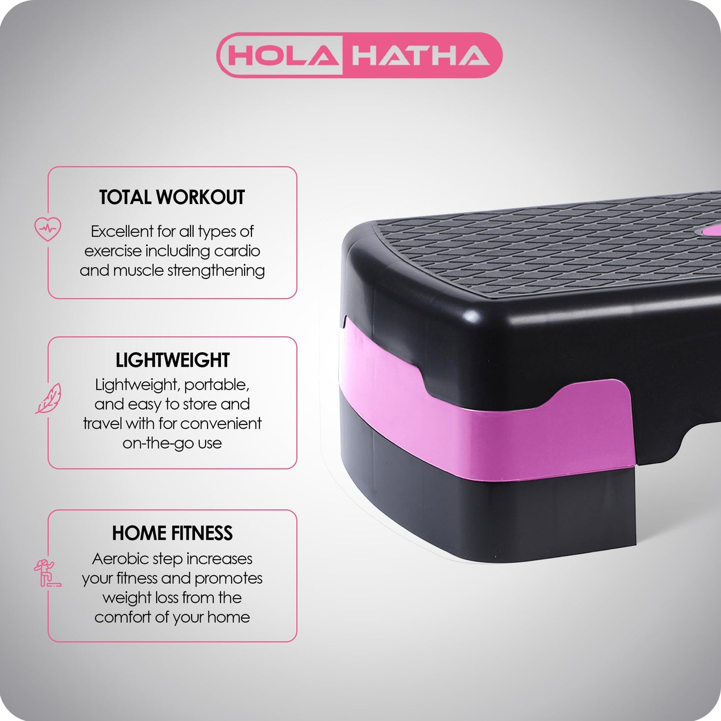 HolaHatha Compact Portable Aerobic Step Platform Workout Exercise Equipment, Fitness Cardio Stepper with Adjustable Height for Home Gym & Travel, Pink