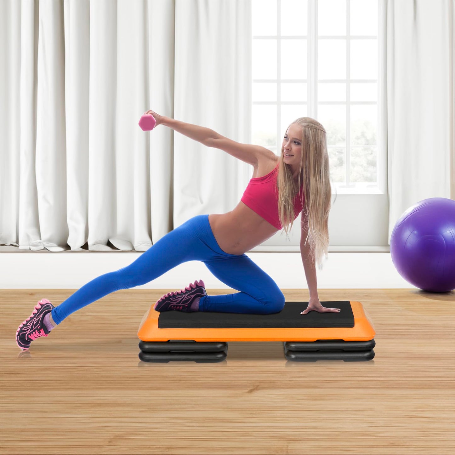 Oteymart 43'' Exercise Step Platform 3 Levels Adjustable Aerobic Stepper with 4 Extra Risers and Anti Slip Surface, Training Workout Equipment for Home&Gym Cardio Strength & Training, Orange