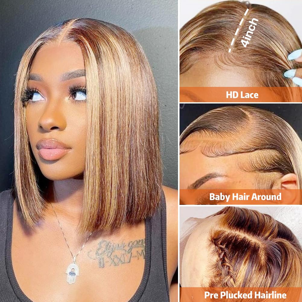 Highlight Bob Wig Human Hair 13x4 HD Lace Front Wigs Human Hair Pre Plucked Hairline Frontal Glueless Short Straight Bob Wigs for Black Women Human Hair Ombre Brown Honey Blonde P4/27 12 Inch