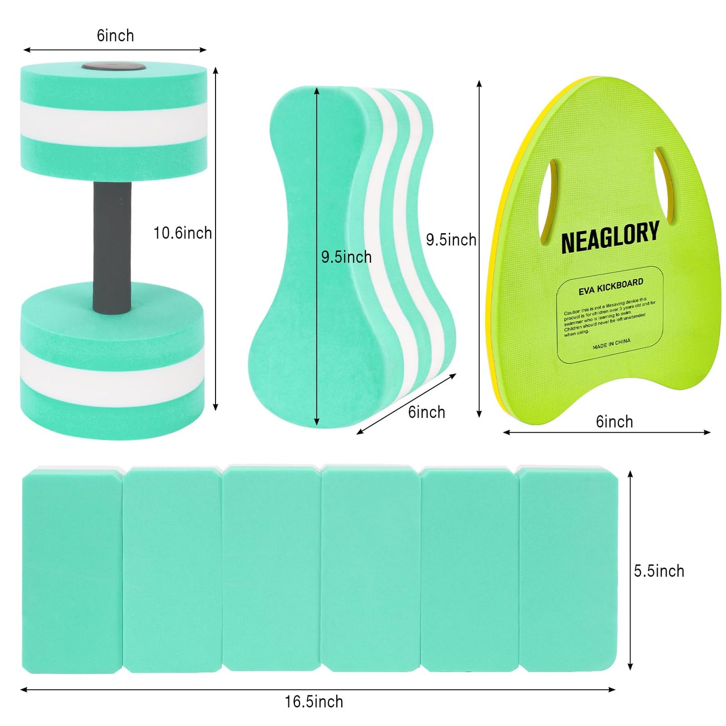 NEAGLORY 5 Pieces Water Aerobics Set Aquatic Exercise Set Pool Fitness Equipment Foam Water Dumbbell, Swim Kickboard, Pull Buoy, Aquatic Swim Belt for Water Exercise, Green