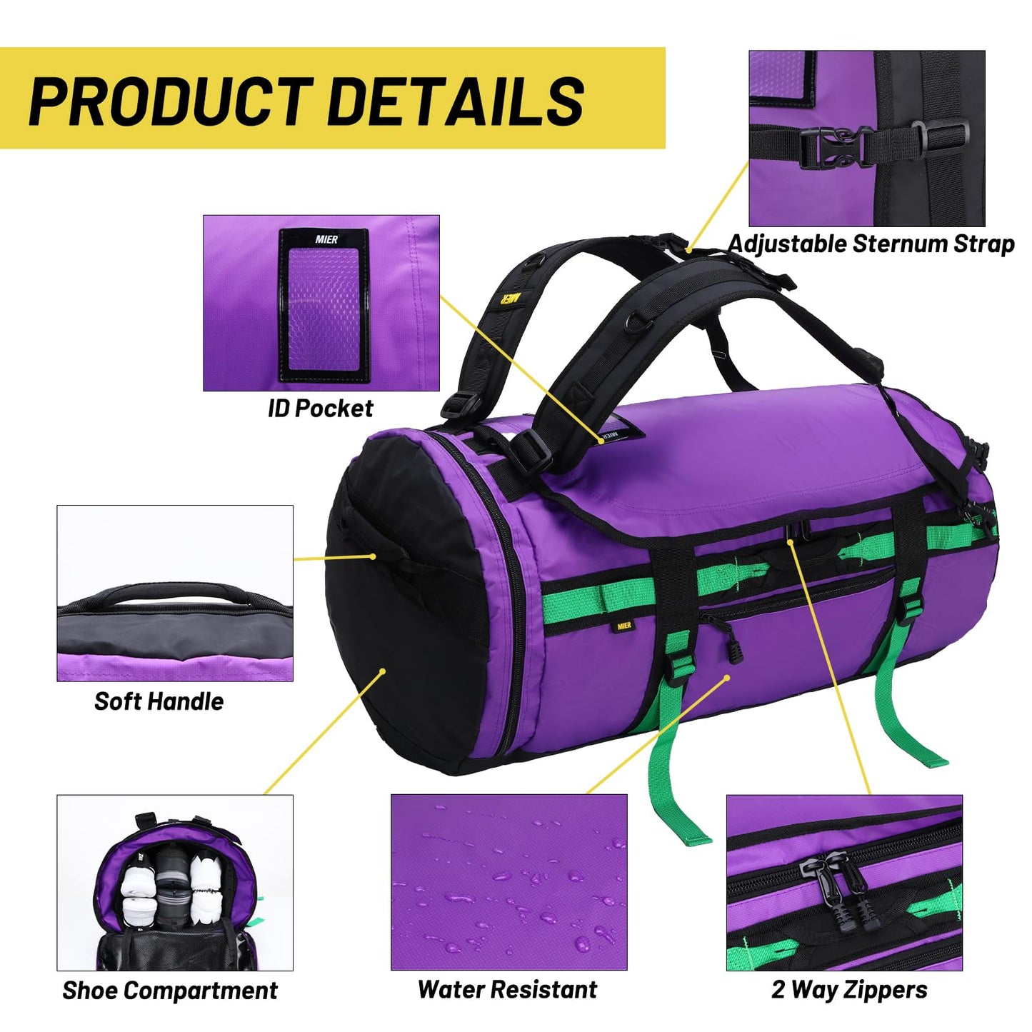 MIER Large Duffle Backpack Sports Gym Bag with Shoe Compartment, Heavy Duty and Water Resistant, Purple, 45L