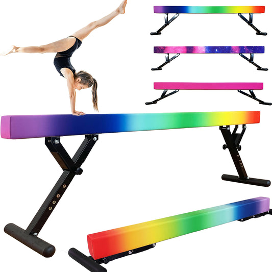 Seliyoo Adjustable Balance Beam Gymnastics Beam high and Low Floor Beam for Kids Home Training,Competition Gymnastic Equipment for All Skills with Weight Limit 500 LBS (Colorful Rainbows, 7"-29")