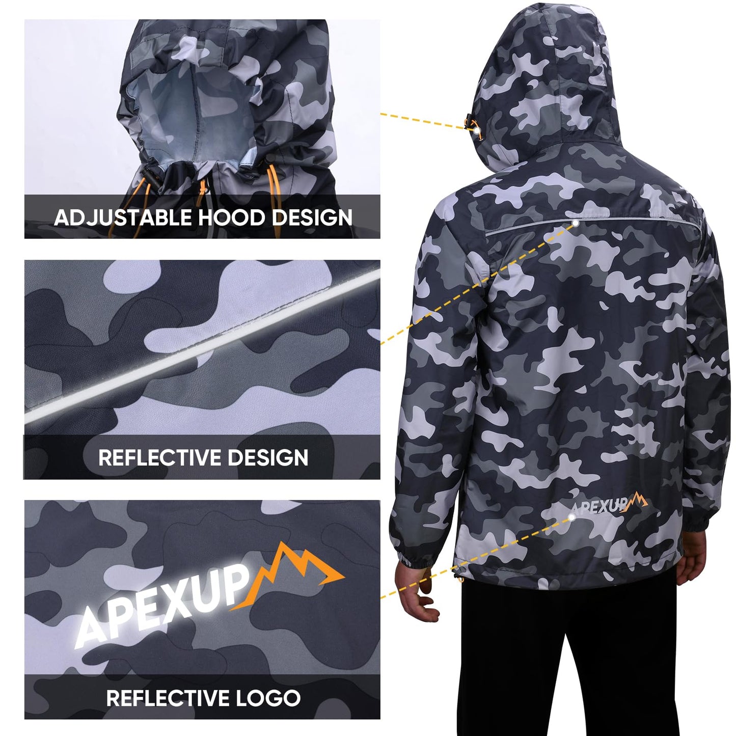 APEXUP Packable Rain Jacket Men with Reflective Zipper, Lightweight Waterproof Jacket Windbreaker Hooded Raincoat, Mens Rain Jackets for Outdoor, Running, Hiking, Travel, Cycling (Camo, 2XL)