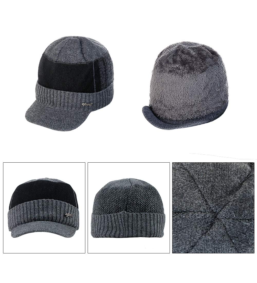 YOYEAH Men's Outdoor Newsboy Hat Winter Warm Thick Knit Beanie Cap Fleece Lined Skull Ski Cap with Visor Gray