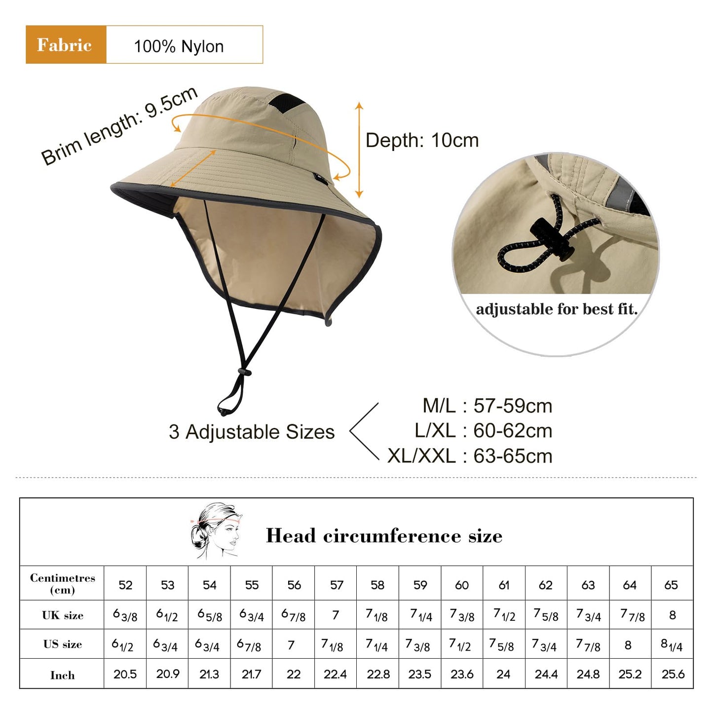 TOP-EX M/L/XL/XXL Unisex Mens Sun Hat for Women with Neck Flap Sunglass Lock UV Protection Wide Brim Fishing Hats Waterproof & Packable Beige L/XL