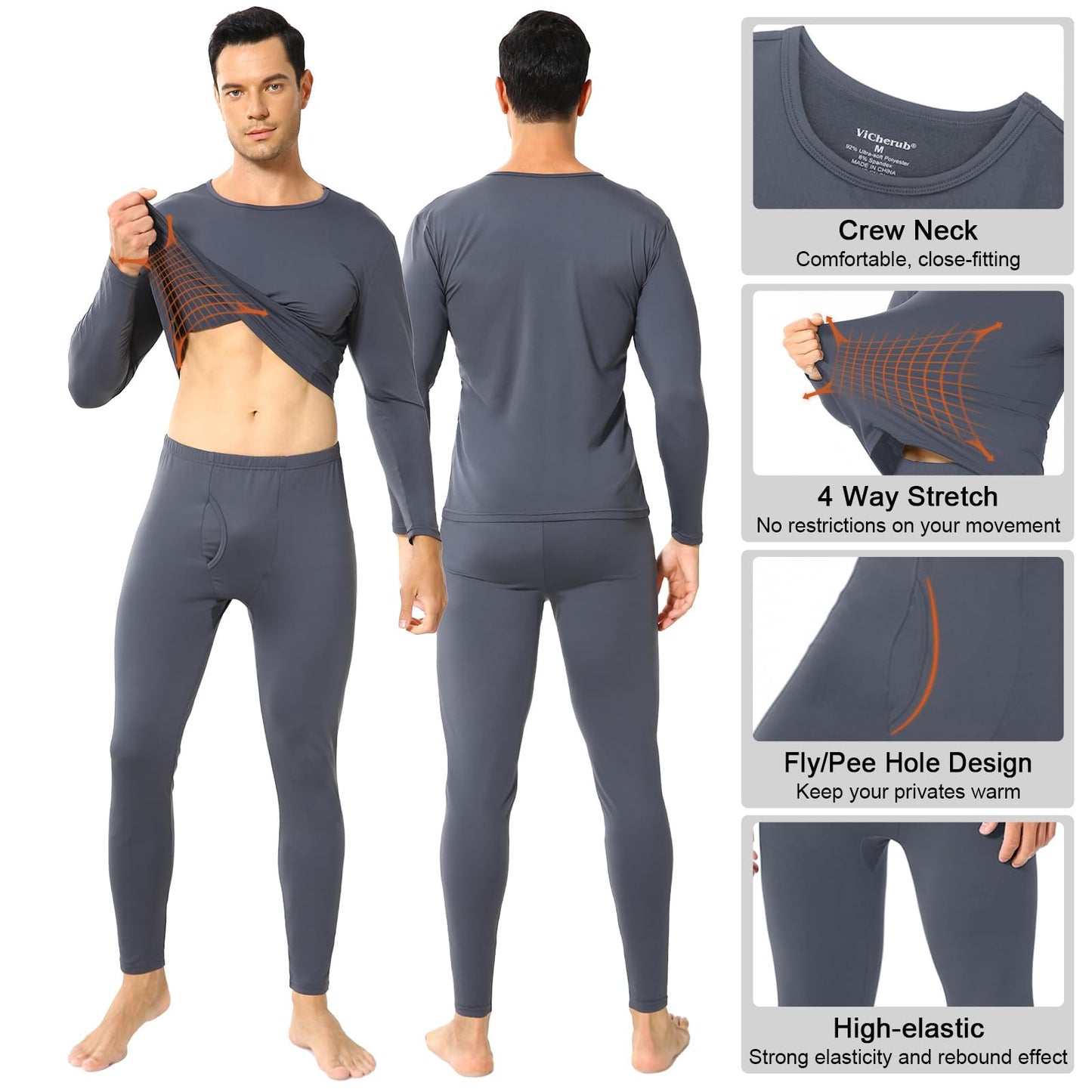 ViCherub Thermal Underwear for Men Fleece Lined Long Johns Ultra Soft Thermals Top and Bottom Warm Base Layer Mens Set of 2 Black & Charcoal M