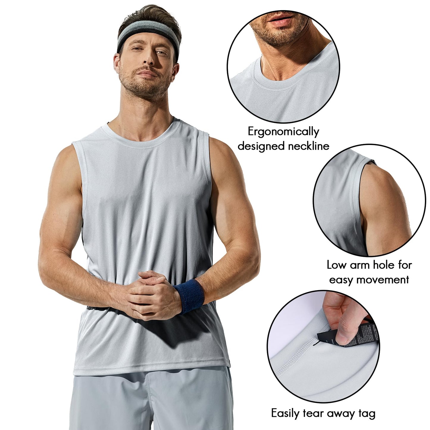 Haimont Men's Lightweight UPF 50+ Sleeveless Sun Shirts Quick Dry Hiking Running Swim Tank Tops Workout Tees,White/Black/Grey, XXXL