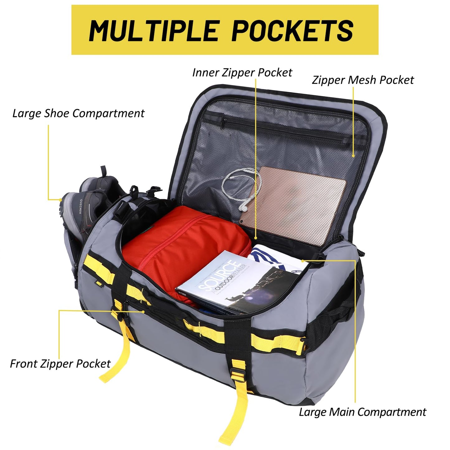 MIER Large Duffel Backpack Sports Gym Bag with Shoe Compartment, Heavy Duty and Water Resistant, Gray, 45L