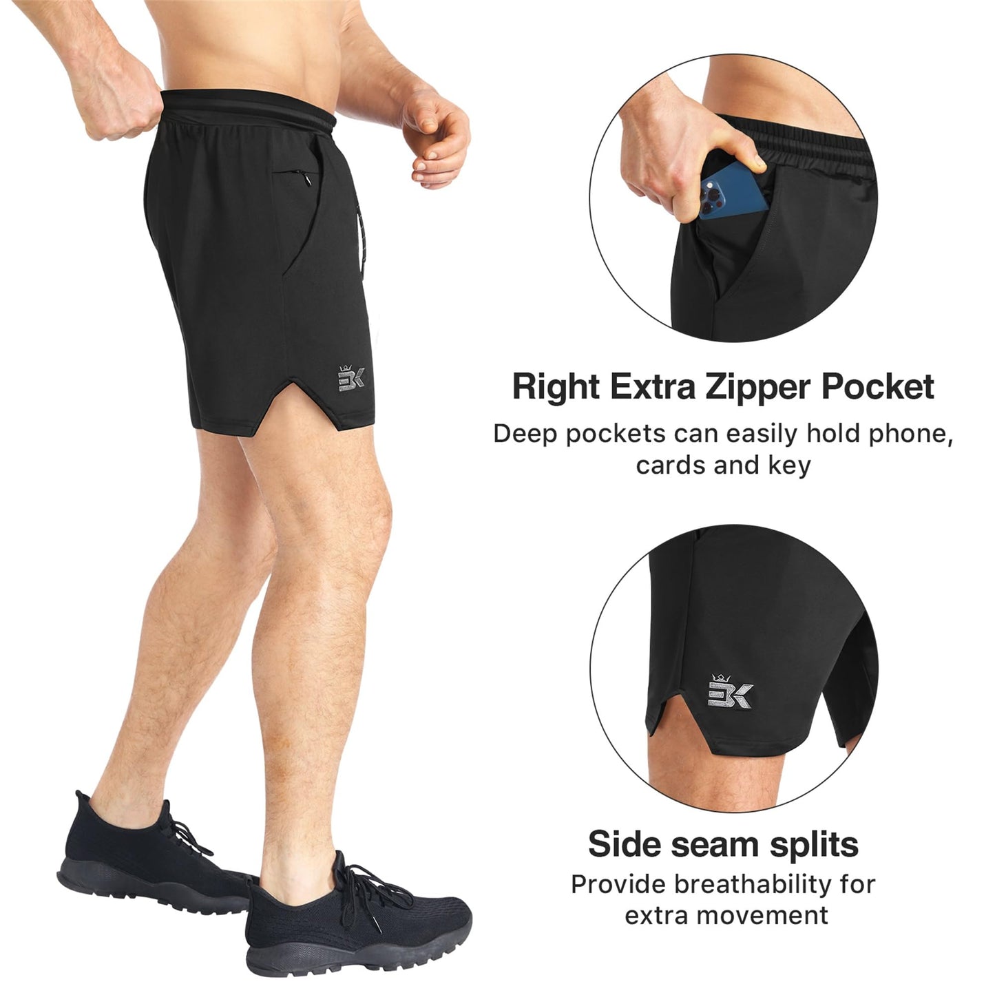 BROKIG Mens Inzip Lightweight Gym Workout Shorts, Athletic Short Shorts Fitted Lifting Shorts with Zipper Pockets(XX-Large,Black+Light Gray)