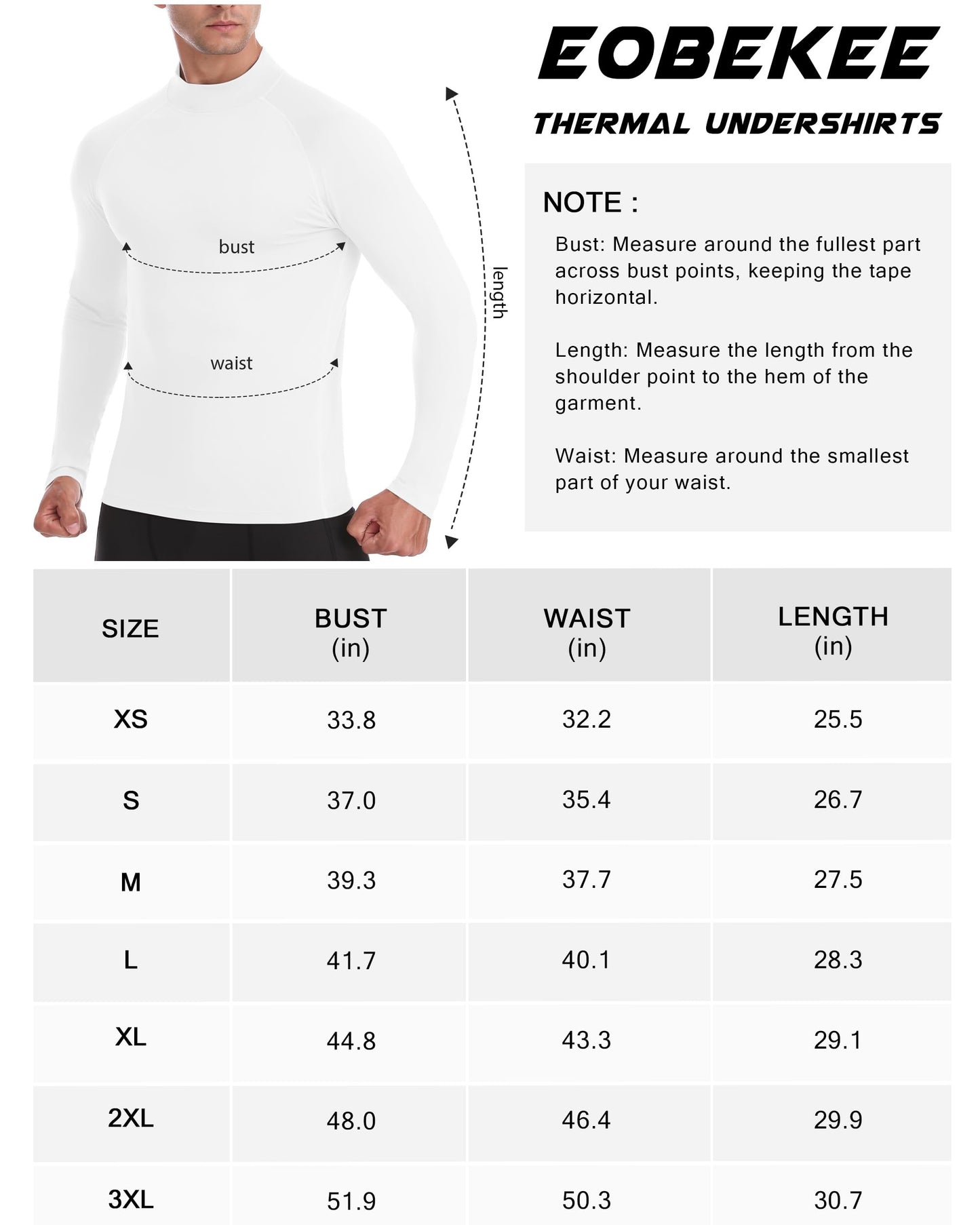 EoBeKee Men's Thermal Base Layer, Warm Long Sleeve Compression Shirts, Ultra Soft Fleece Lined Tops for Winter Sport Hunting Workout(White)