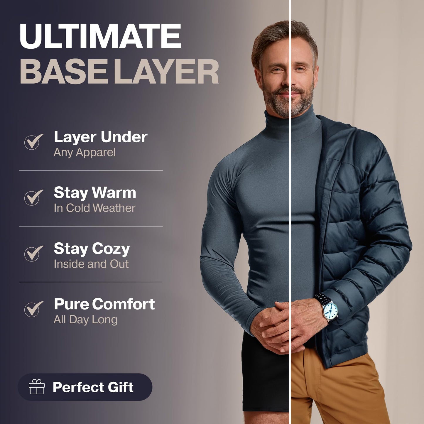 Thermajohn Charcoal Mens Turtleneck Long Sleeve Shirts Slim Fit Thermal L