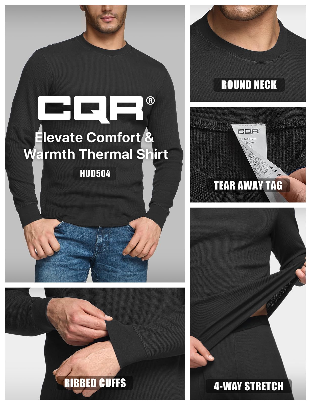 CQR Men's Long Sleeve Thermal Underwear Tops, Midweight Waffle Crewneck Shirt, Winter Cold Weather Thermal Shirts, 1 Piece of Top Black, Large