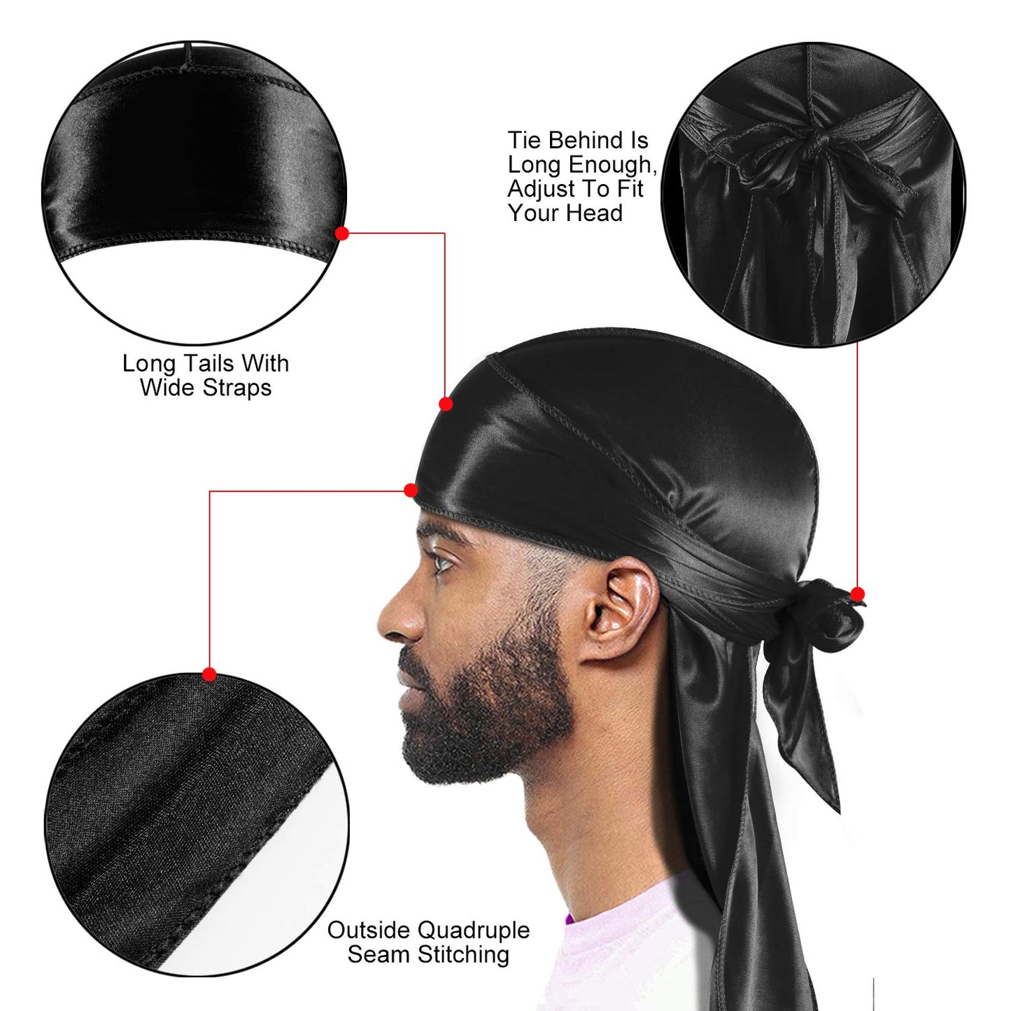 3PCS Silky Durags Pack for Men Waves, Satin Doo Rag, Award 1 Wave Cap,N