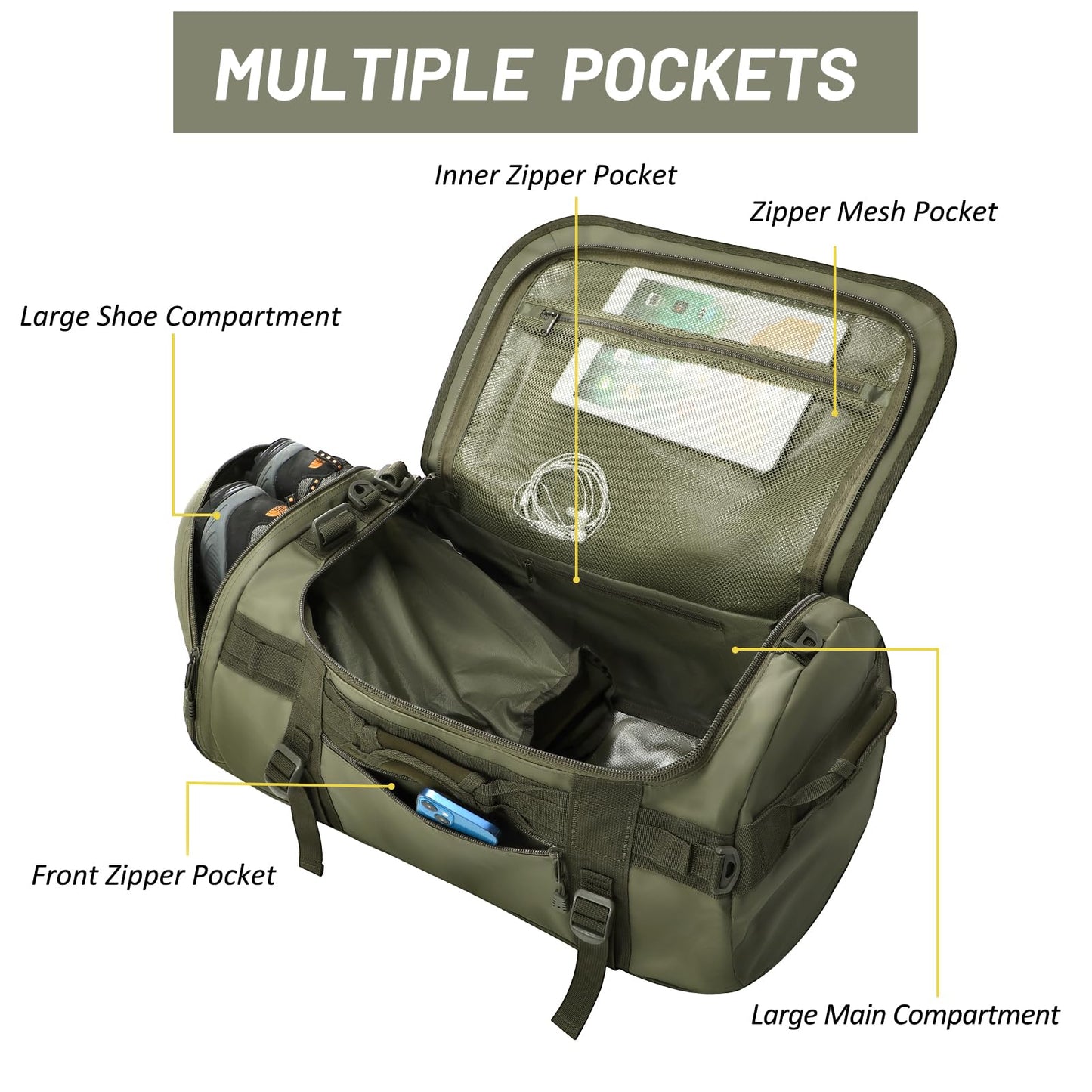 MIER Large Duffel Backpack Sports Gym Bag with Shoe Compartment, Heavy Duty and Water Resistant, Dark Green, 45L