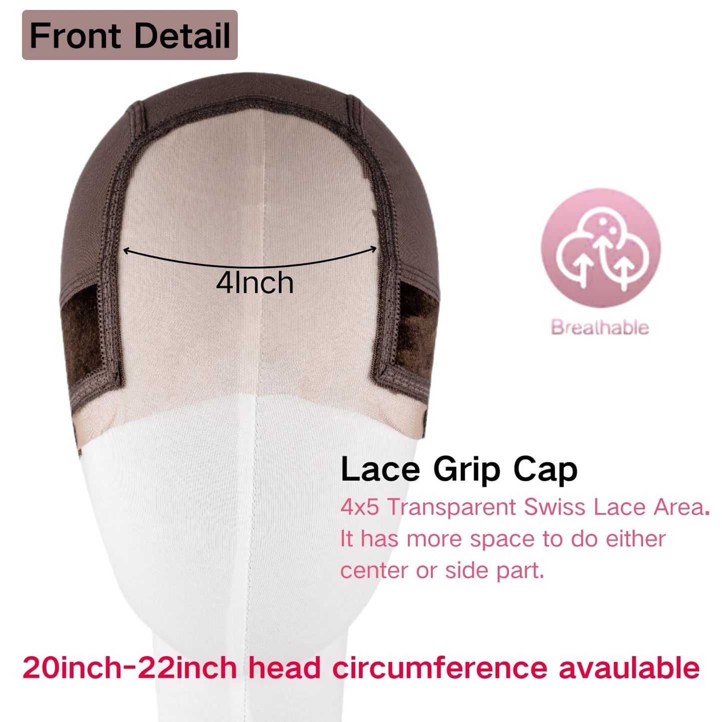 Lace Wig Grip Cap for Women - Small Size Snug Fit 4x5 Transparent Swiss Lace Non-slip Glueless Wig Gripper with Ear-Cutouts Adjustable Velcro Headband (Brown)