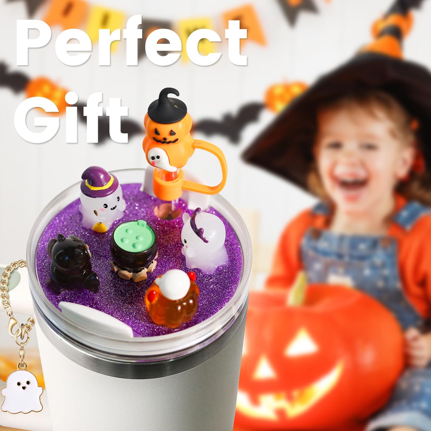 Accessories Compatible with Stanley Cup Lid, Fit for 40 oz Stanley Lid Charms Decor, Silicone Straw Topper Cover Cap, Cute Charms for Stanley 30&40 Oz Tumbler with Handle (Halloween)