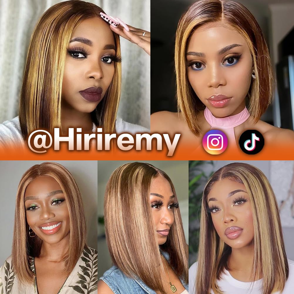 Highlight Bob Wig Human Hair 13x4 HD Lace Front Wigs Human Hair Pre Plucked Hairline Frontal Glueless Short Straight Bob Wigs for Black Women Human Hair Ombre Brown Honey Blonde P4/27 12 Inch