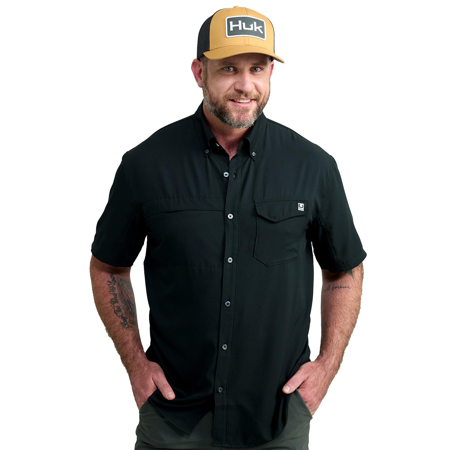 HUK Standard Tide Point Solid Short Sleeve Shirt, Button Down for Men, Black, X-Large