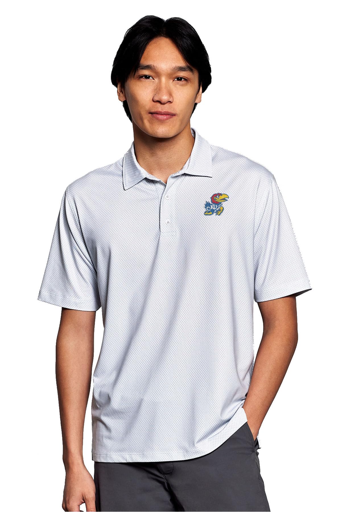 Vantage Apparel Men's Collegiate Premium Moisture Wicking Stretch Fit Diamond Print Polo, Kansas Jayhawks, Gray, X-Large