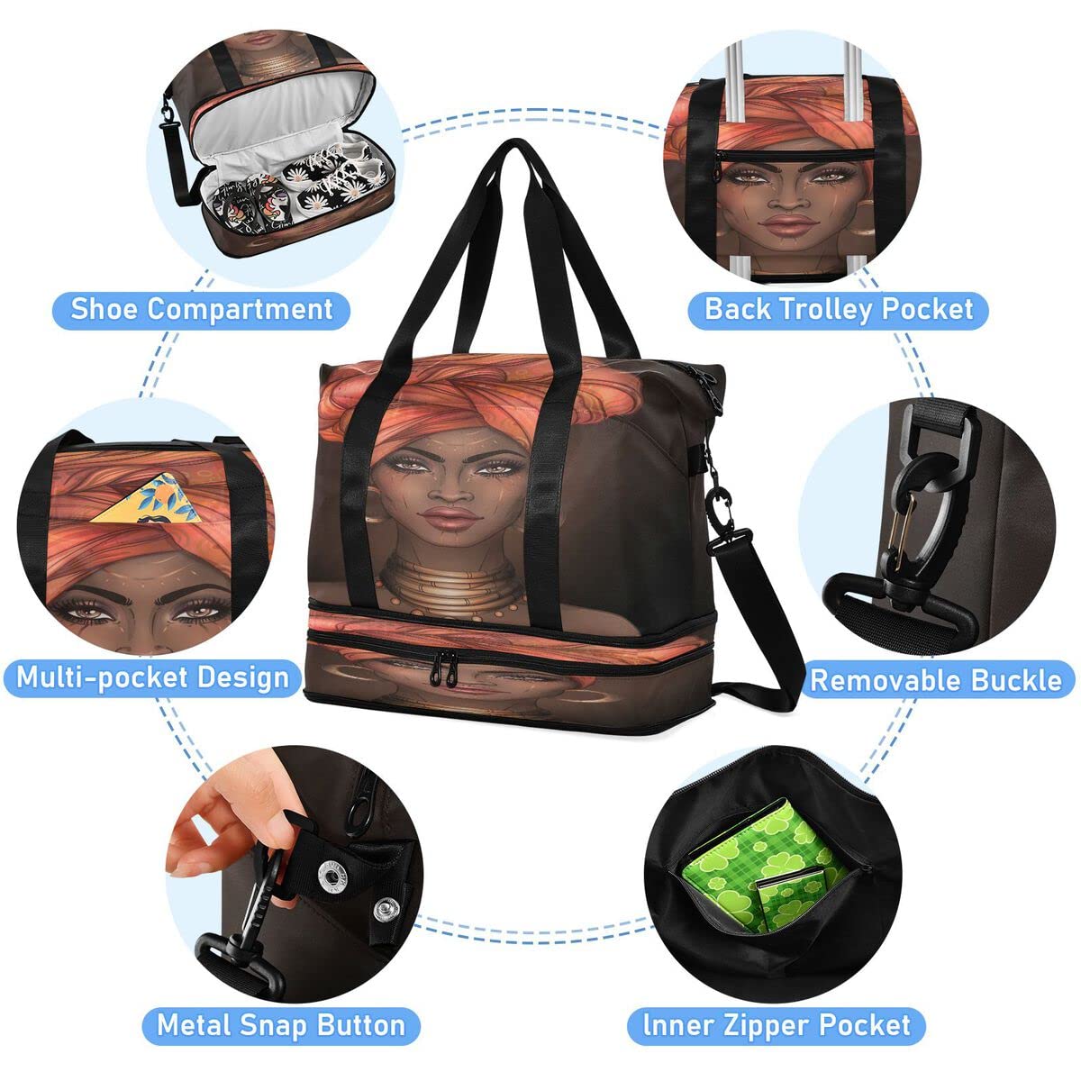 Gym Bag Sports Travel Duffel Bag Weekender Overnight Bag with Wet Pocket Shoes Compartment and Toiletry Bag African American Woman for Travel, Business,Gym, Yoga