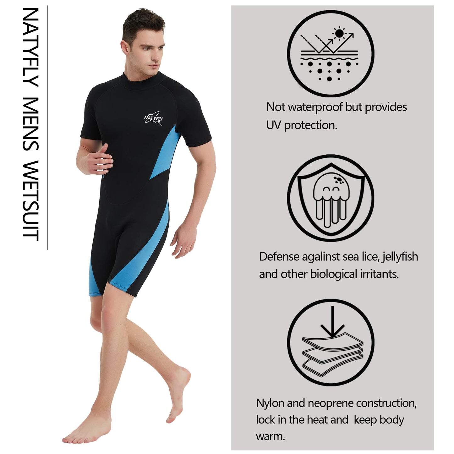 NATYFLY Mens Wetsuit 3mm Neoprene Wet Suit Men, Youth Full Body Shorty Wetsuit for Men in Cold Water, Long Sleeve Back Zip Diving Suits for Water Sports