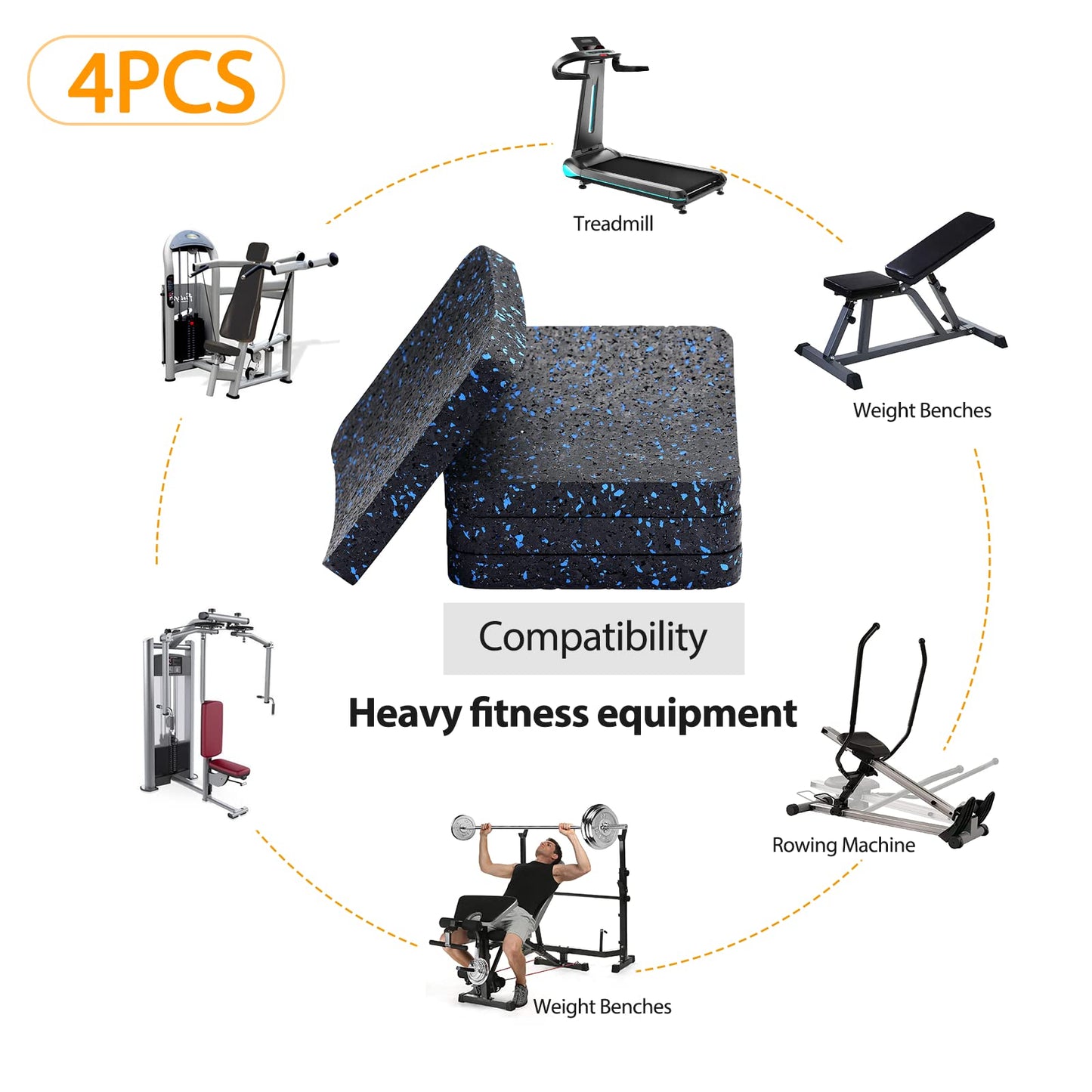 Treadmill Mat Pads, Exercise Equipment Mat with High Density Rubber for Protect Floors 3.94" x 3.94" x 0.5" (4 PCS) Black