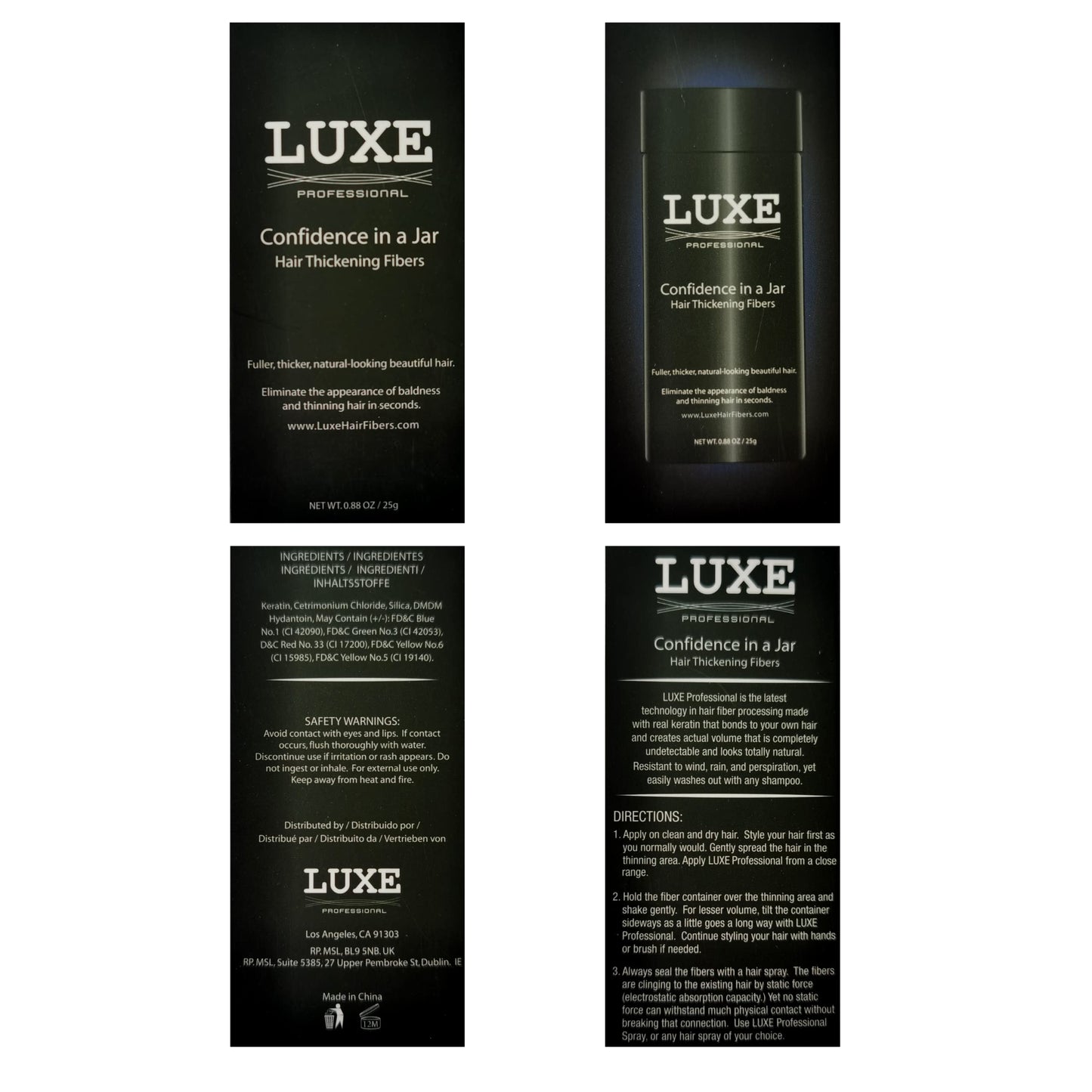 LUXE Hair Thickening Fibers for Unisex, CONFIDENCE IN A JAR, 2 Months+ Supply. Hypoallergenic, Dermatologist Tested, Multiple Colors Available (Black)