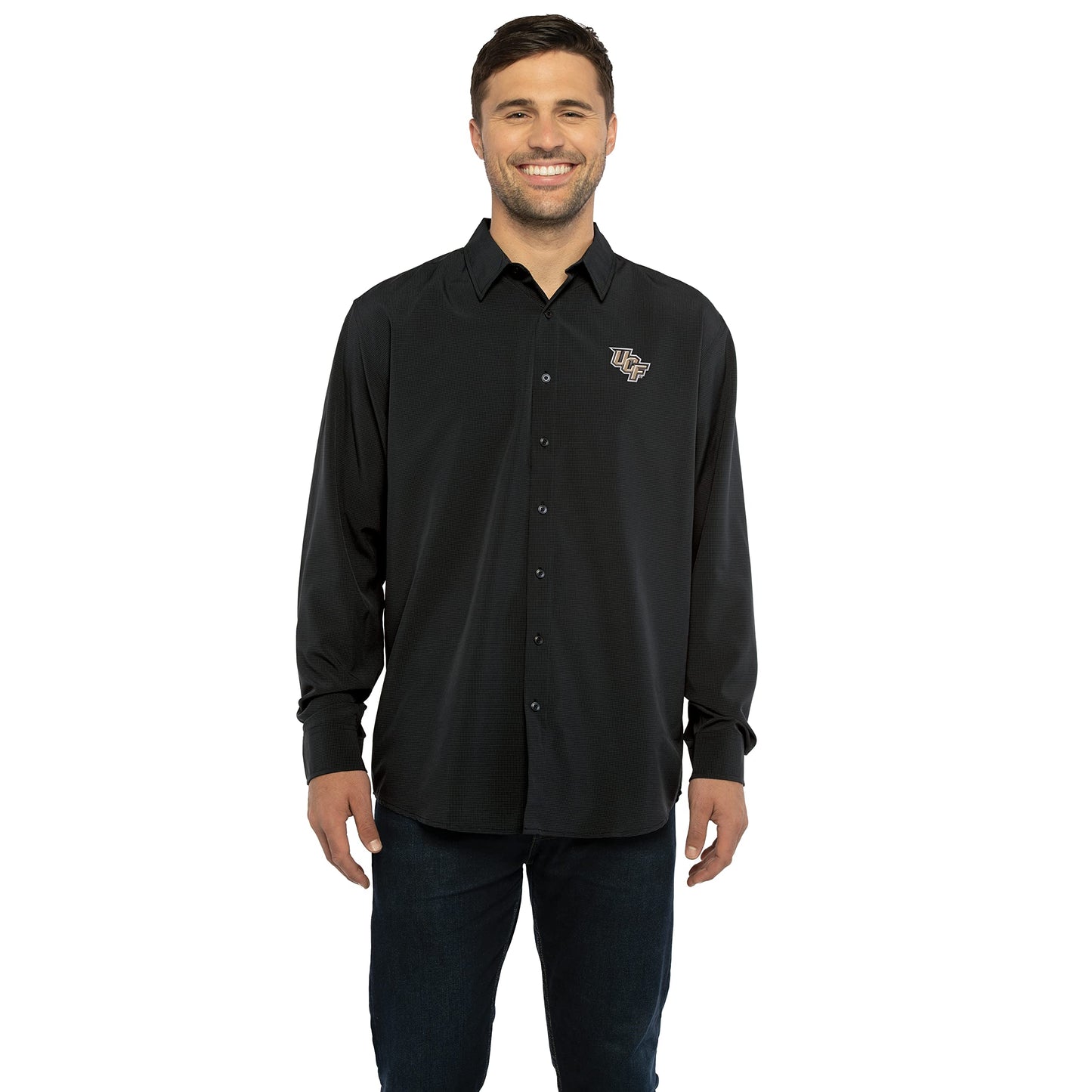 Men's Collegiate Premium Moisture Wicking Long Sleeve Stretch Button Down Shirt, Central Florida Golden Knights, X-Large