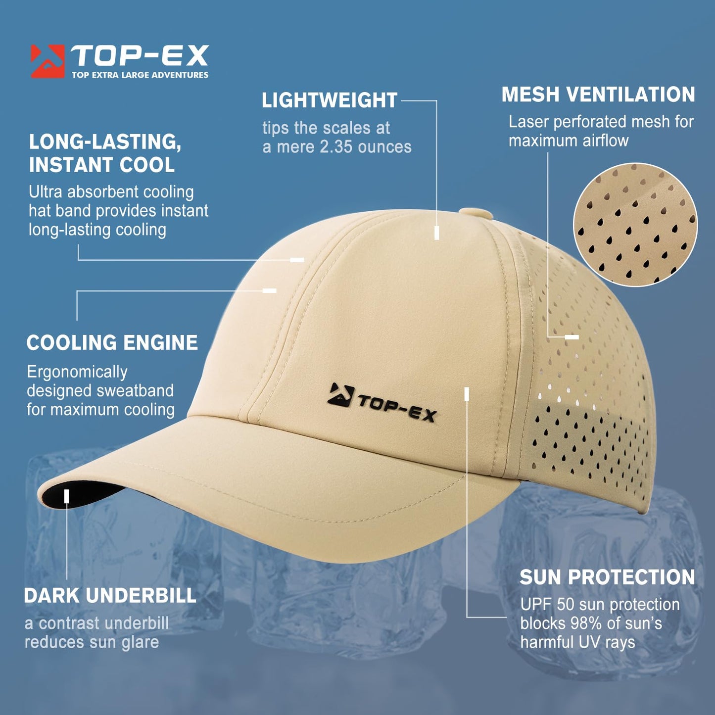 TOP-EX Mens Baseball Caps Quick Dry Breathable Mesh Running Waterproof Cooling Hat Big Head Khaki XL XXL X-Large XX-Large