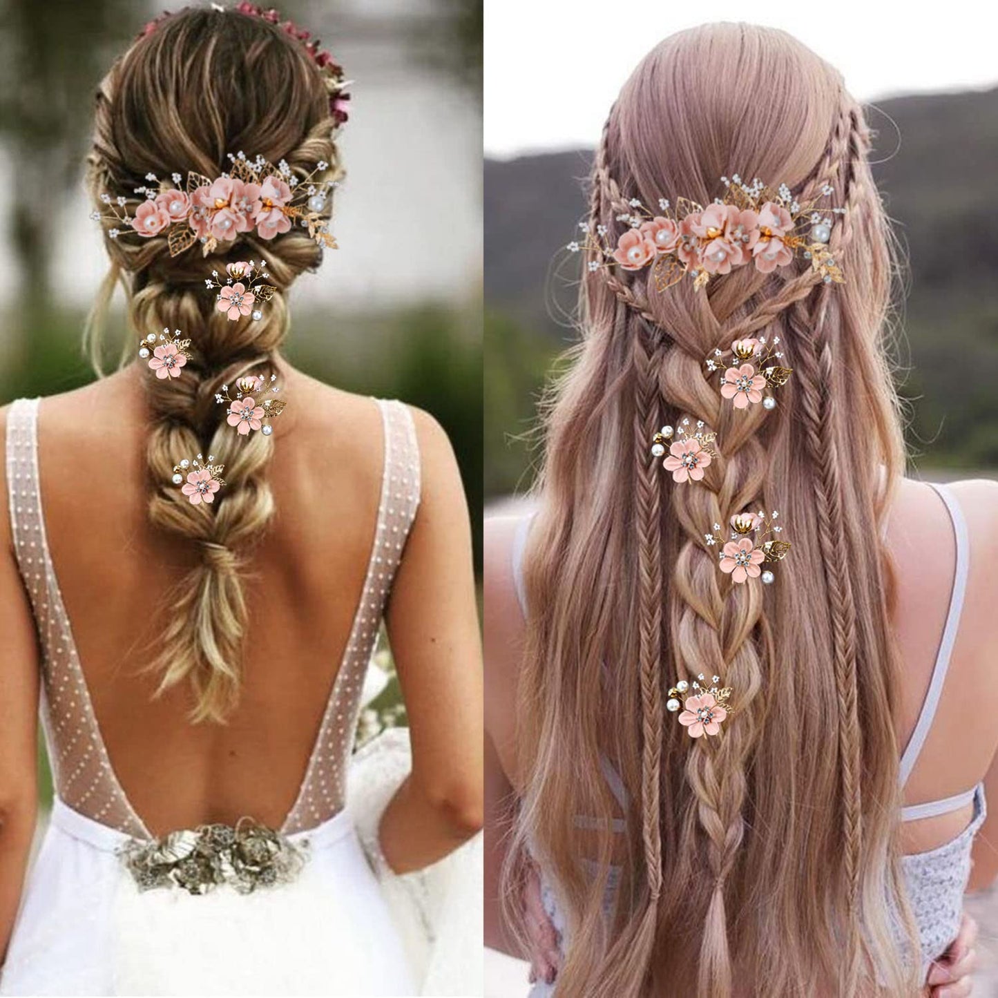 5 Pieces Bridal Flower Wedding Hair Pins Crystal Pearl Hair Combs Clips Headpiece Gold Wedding Hair Accessories Jewelry with Rhinestone for Brides Bridesmaids Women Girls Updo (Cherry Blossoms Pink)
