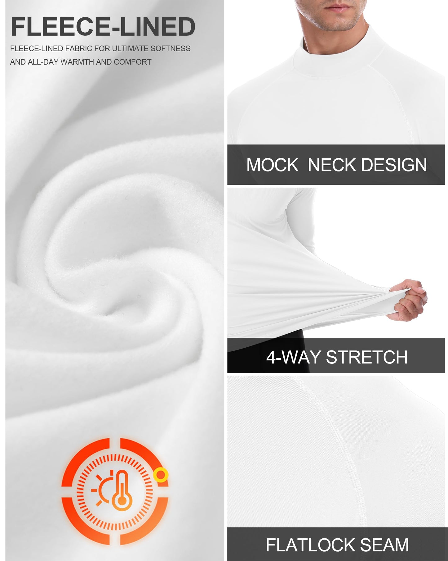 EoBeKee Men's Thermal Base Layer, Warm Long Sleeve Compression Shirts, Ultra Soft Fleece Lined Tops for Winter Sport Hunting Workout(White)