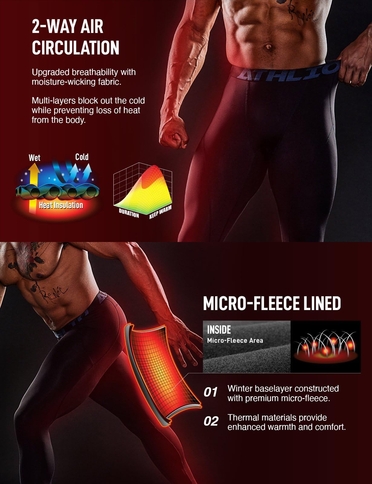 ATHLIO Men's Thermal Compression Pants, Athletic Running Tights & Sports Leggings, Wintergear Base Layer Bottoms, 3pack Thermal Pants Black/Charcoal/Red, Large