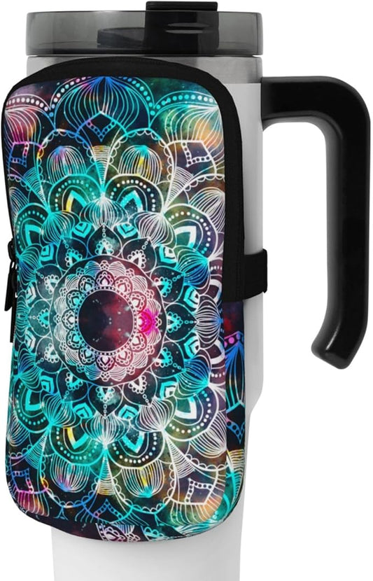 Galaxy Mandala Water Bottle Pouch for Stanley Cup 40oz 30oz,Personalized Gym Purse for Men Women, Tumbler Pouch with Versatile Pocket Water Bottle Bag for Cards, Keys, Phone