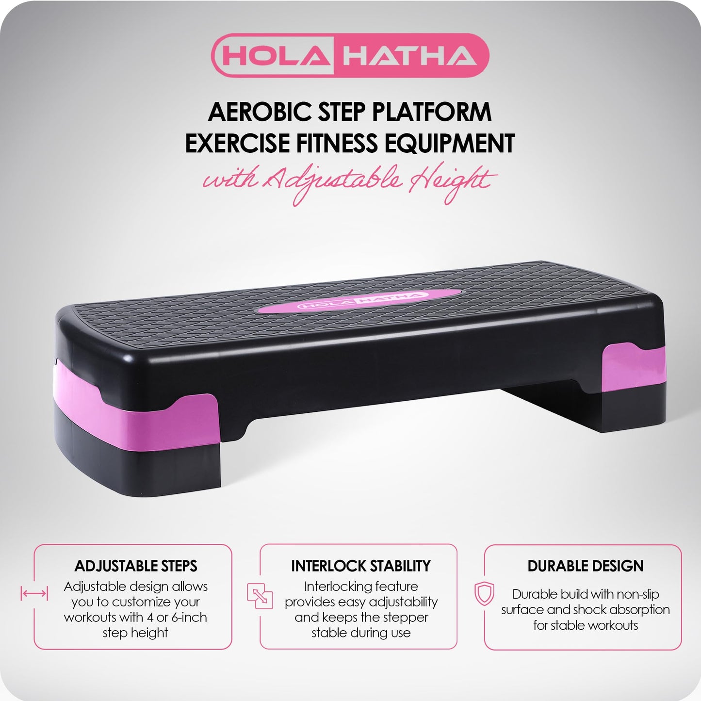 HolaHatha Compact Portable Aerobic Step Platform Workout Exercise Equipment, Fitness Cardio Stepper with Adjustable Height for Home Gym & Travel, Pink
