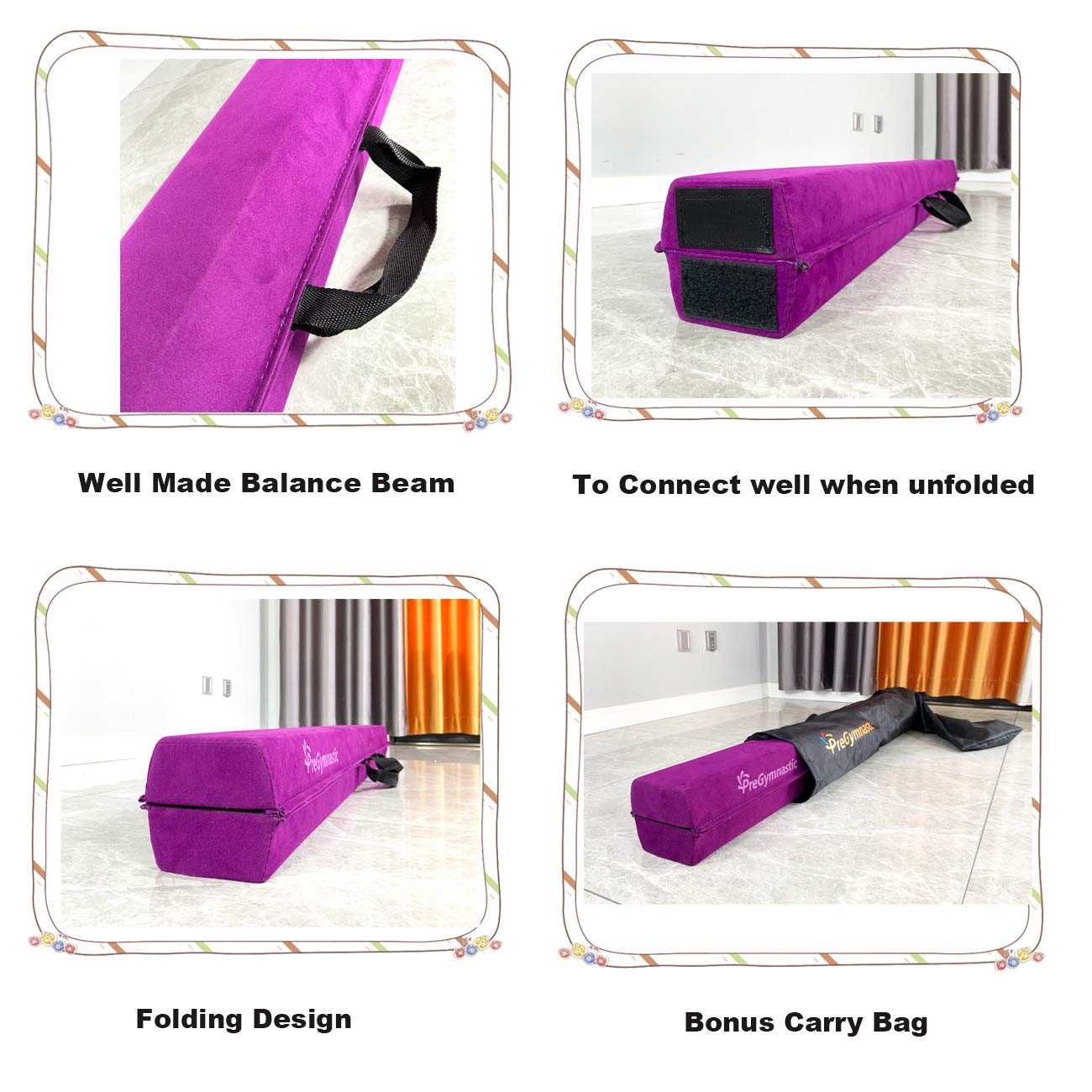 PreGymnastic Folding Balance Beam for Kids 3-12-Foldable Gymnastics Floor Beam- 8FT/9.5 -Extra Firm Suede Cover with Sticker and Carry Bag for Home/Club- Gym Equipment for Toddler