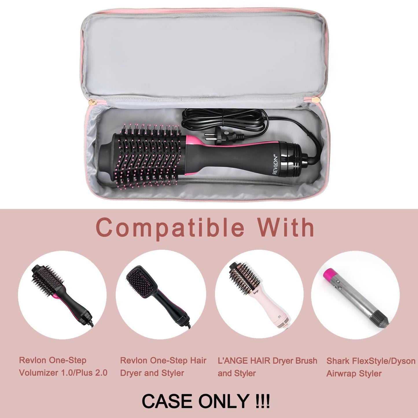 Double-Layer Travel Carrying Case Compatible with Revlon One-Step Hair Dryer Brush/Volumizer Original 1.0,Plus 2.0/Styler,Portable Storage Bag Fits for Revlon,Hot Tools and Attachments,Pink(Bag Only)