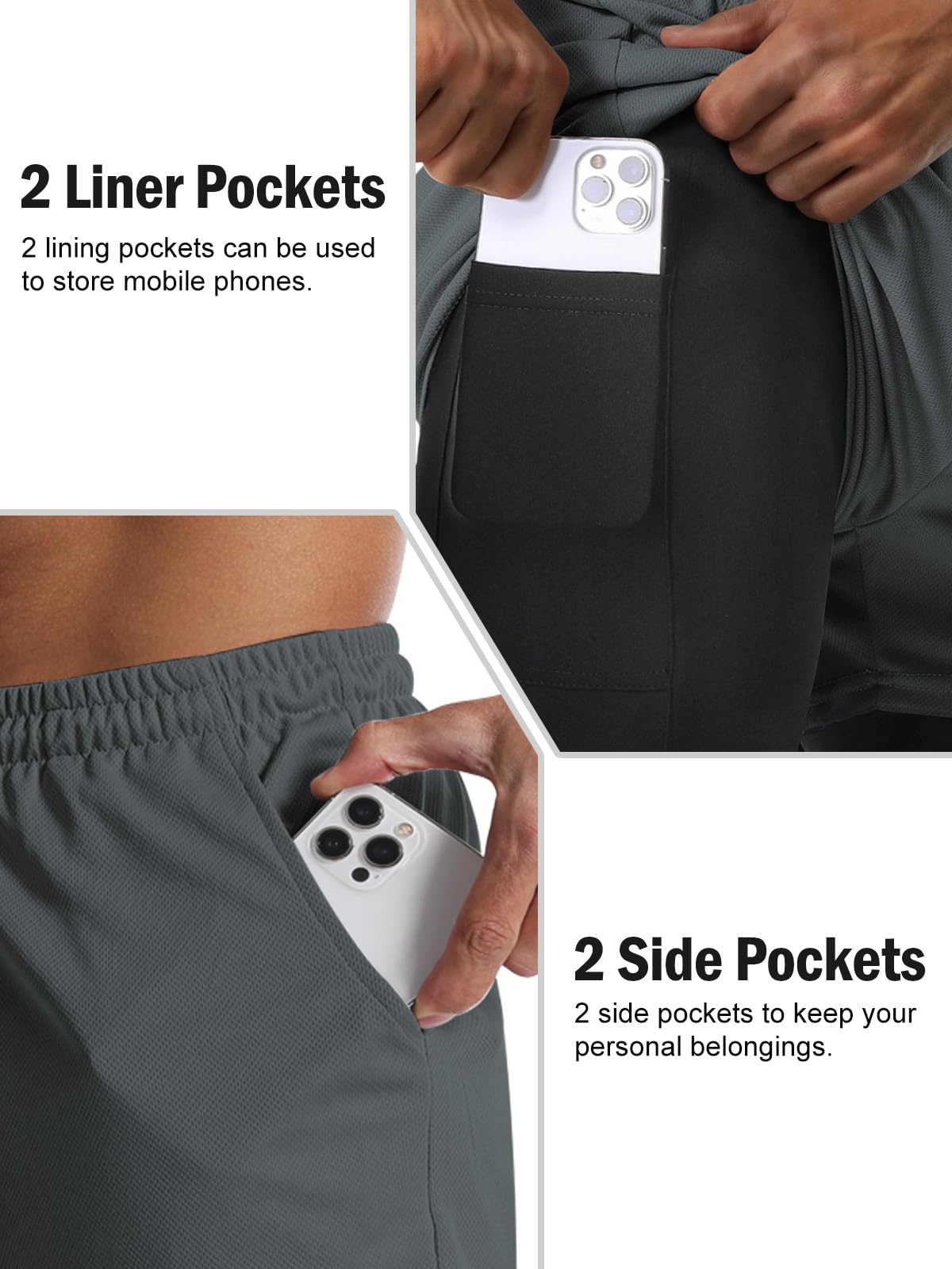 Aolesy Men's 2 in 1 Workout Running Shorts Lightweight Gym 5 Inch Short with Zipper Pockets Training Athletic Shorts with Liner Dark Grey