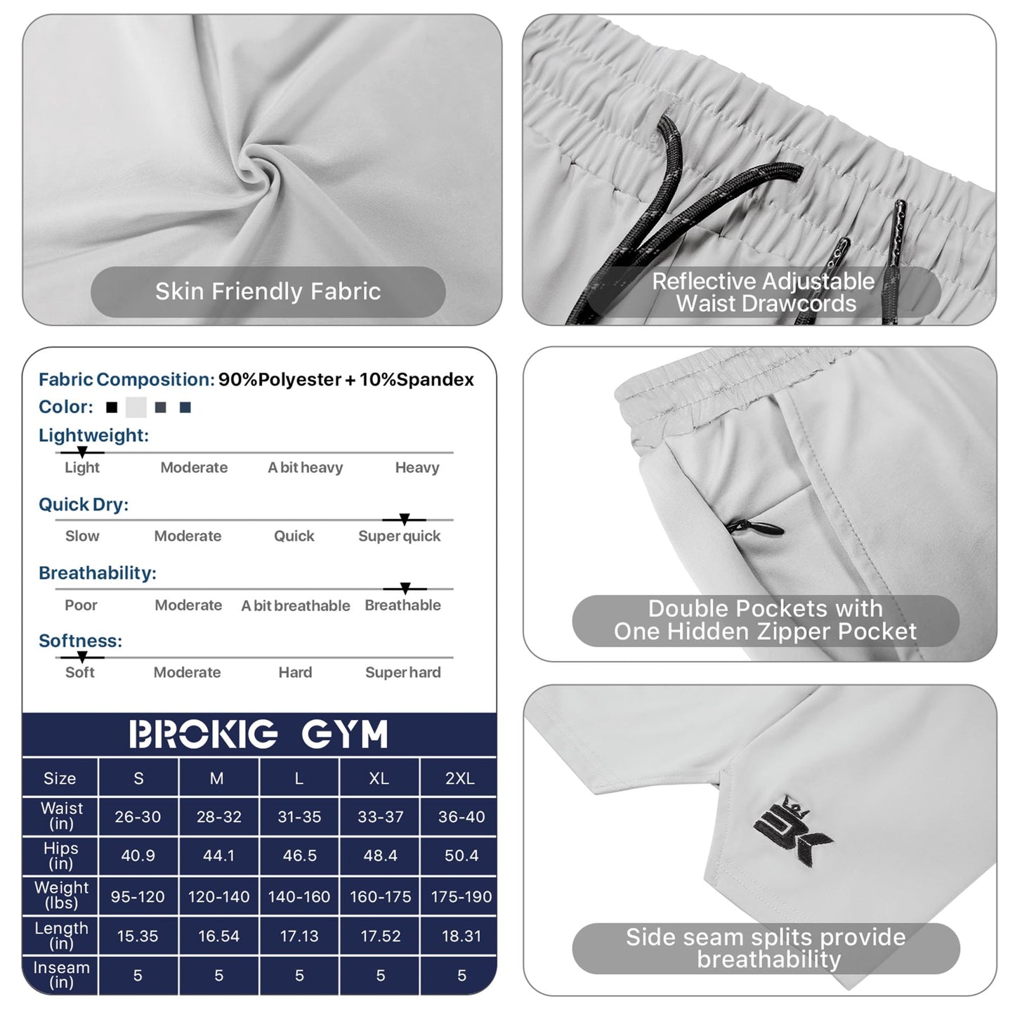 BROKIG Mens Inzip Lightweight Gym Workout Shorts, Athletic Short Shorts Fitted Lifting Shorts with Zipper Pockets(XX-Large,Black+Light Gray)