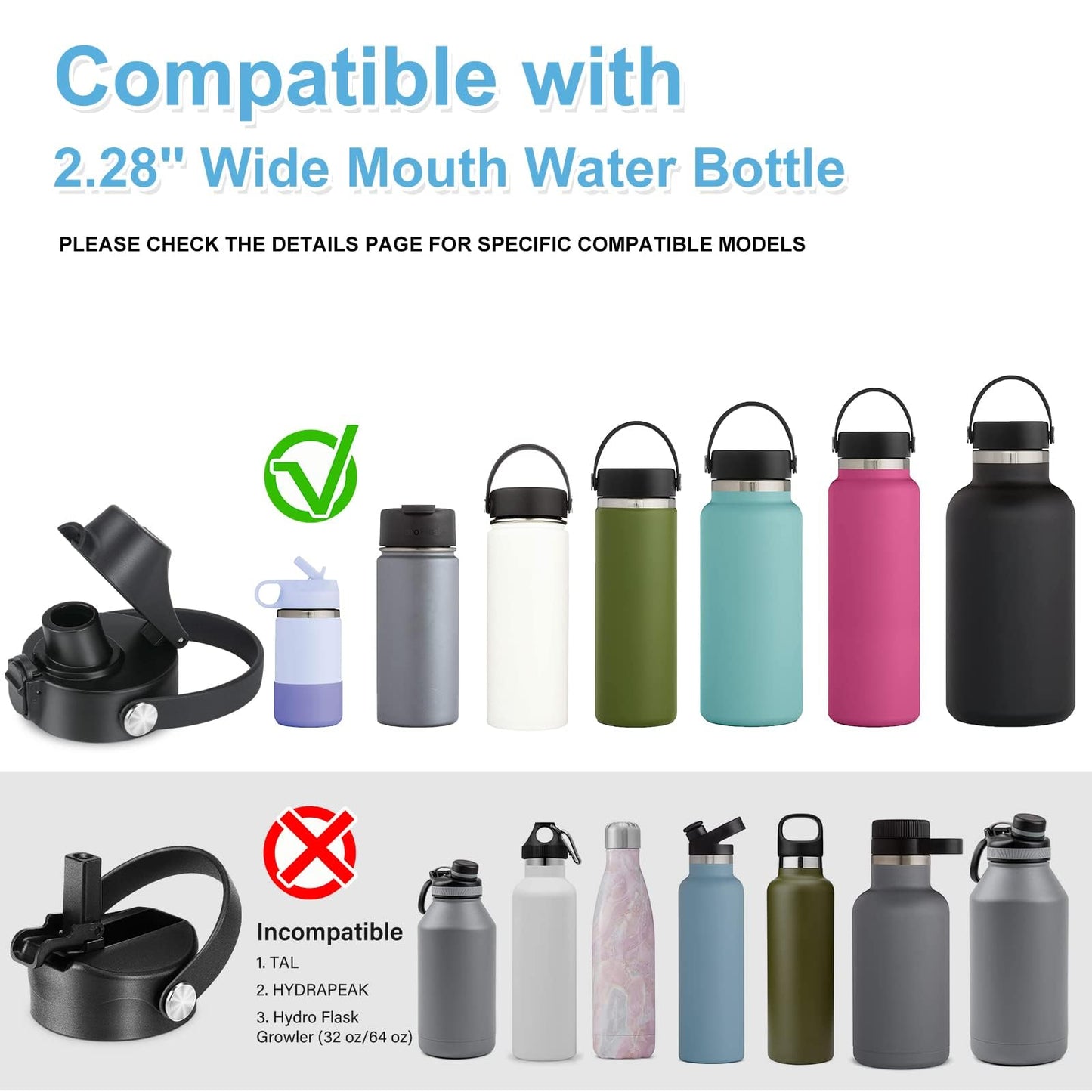 EIPOSAU Spout Lid and Straw Lid for Hydro Flask Wide Mouth 12 16 18 20 32 40 64 oz, Auto Flip Lid for Simple Modern, Fits for Iron Flask and Other Brands, Replacement Lid with Straw and Brushes, 2Pack